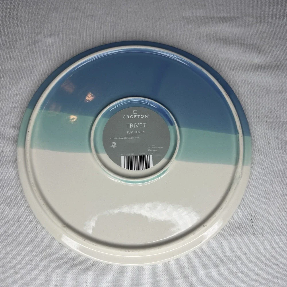 Crofton‎ Ceramic Striped Trivet Blue Green White 8-Inch Double Dipped Glossy